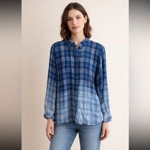 J.Jill Blouse Blue Plaid Ombre Button Front Shirt Women XL Petite Long Sleeve